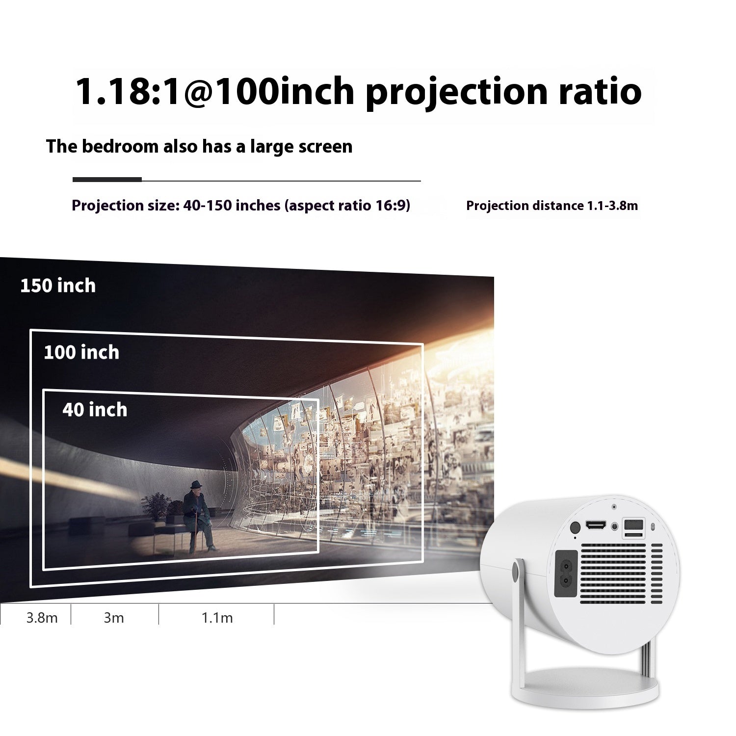 Projecteur portable compact et droit pour usage domestique, angle de projection de 180 degrés, mise au point automatique, projecteur vidéo pour la maison